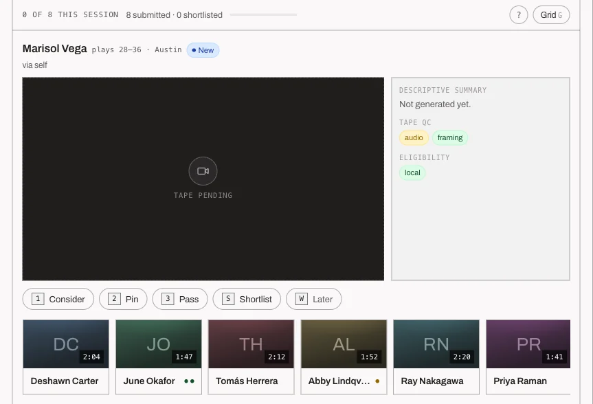 Review screen: one actor card, verdict keys, tape queue